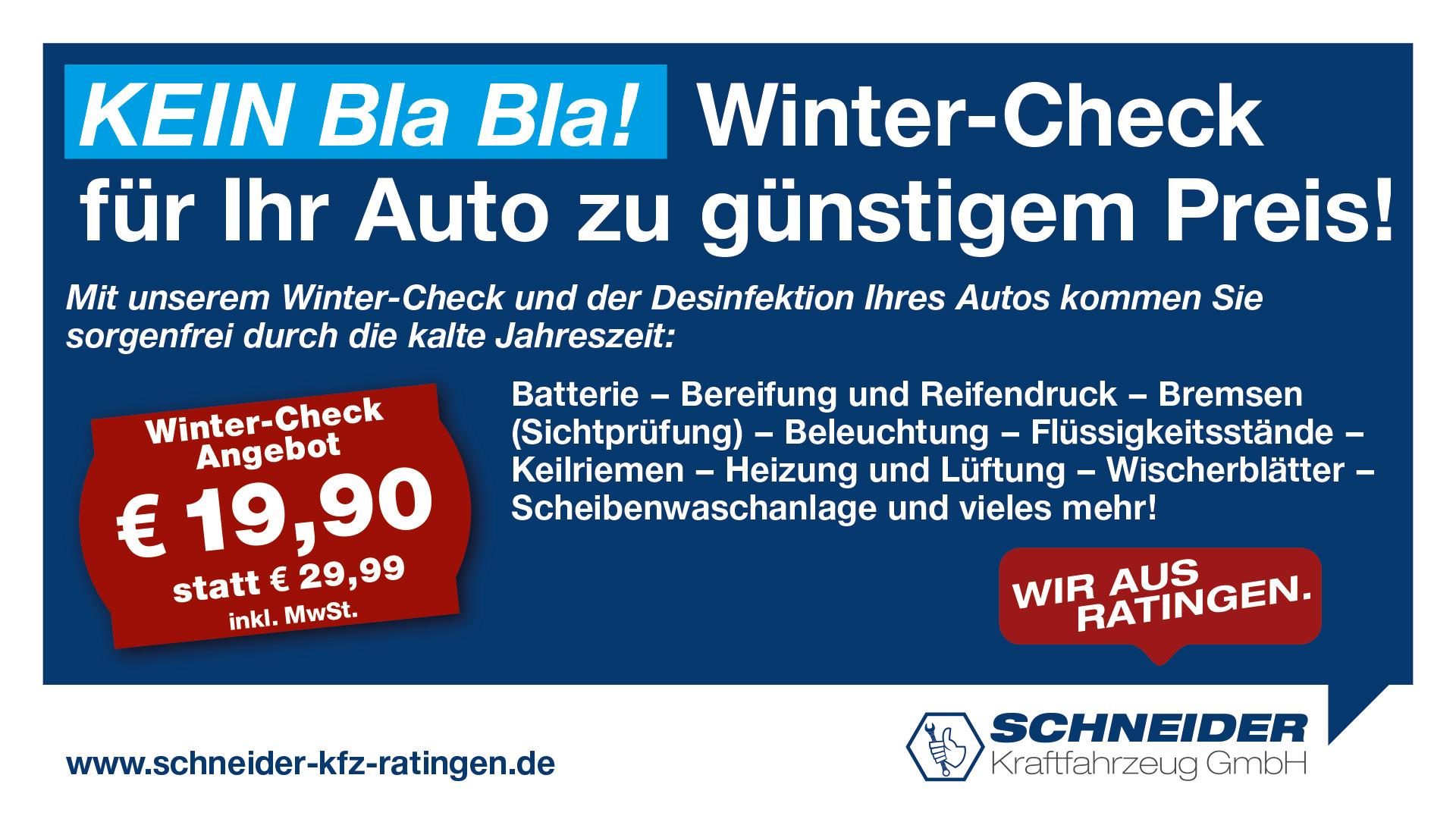 Schneider Kfz GmbH – Winter-Check - Unser Angebot 19,90 Euro